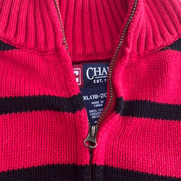 Chaps Knit Sweater 1/4 zip Mockneck Holiday Red Black Striped Boys XL 18/20 - Picture 3 of 4